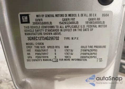 2004 Chevrolet Avalanche C1500 from USA, damaged, VIN 3GNEC12T34G296702